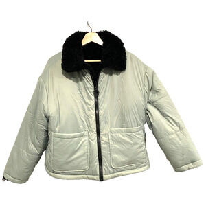 Topshop - reversible light blue puffer, Faux black fur women winter coat size 6